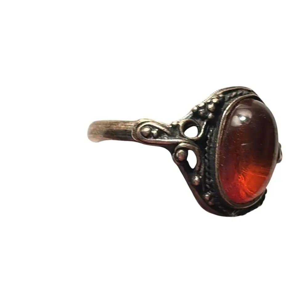 Vintage Oval Stone Baltic Amber Silver Tone Cocktail Ring Size 5.5